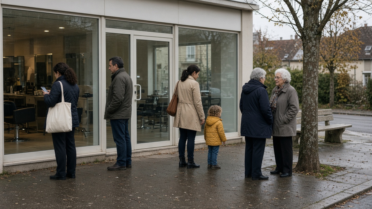 Clients patientant sur le trottoir devant la vitrine du salon