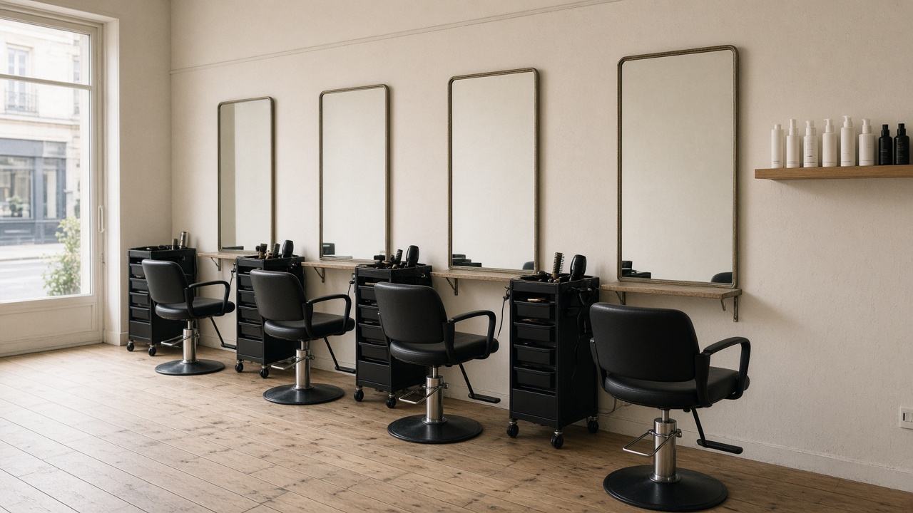 Quatre postes de coiffage avec miroirs et fauteuils